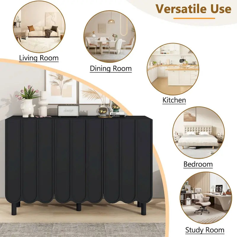 Shoe Cabinet with Wave Doors, Adjustable Shelves and 5 Pine Legs, 47 in.