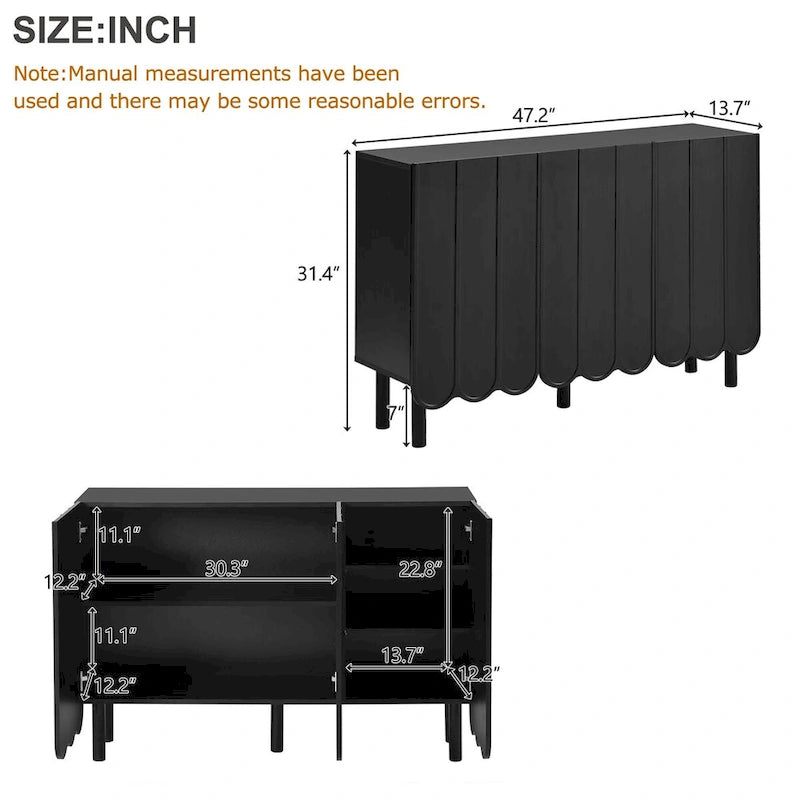 Shoe Cabinet with Wave Doors, Adjustable Shelves and 5 Pine Legs, 47 in.