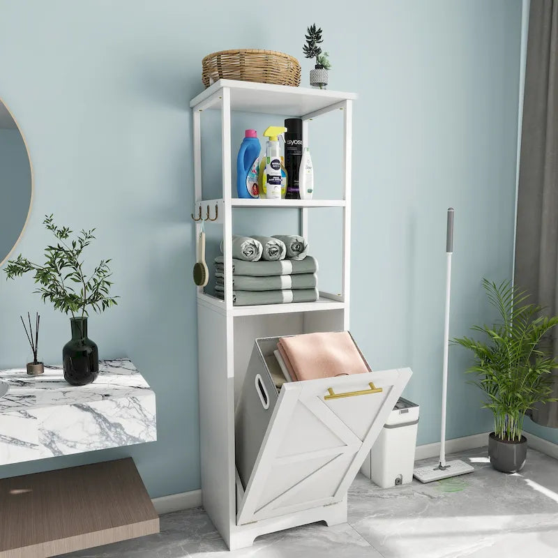 3 Tier Tilt Out Laundry Hamper Cabinet with Metal Hooks 15.7W x 53H in.