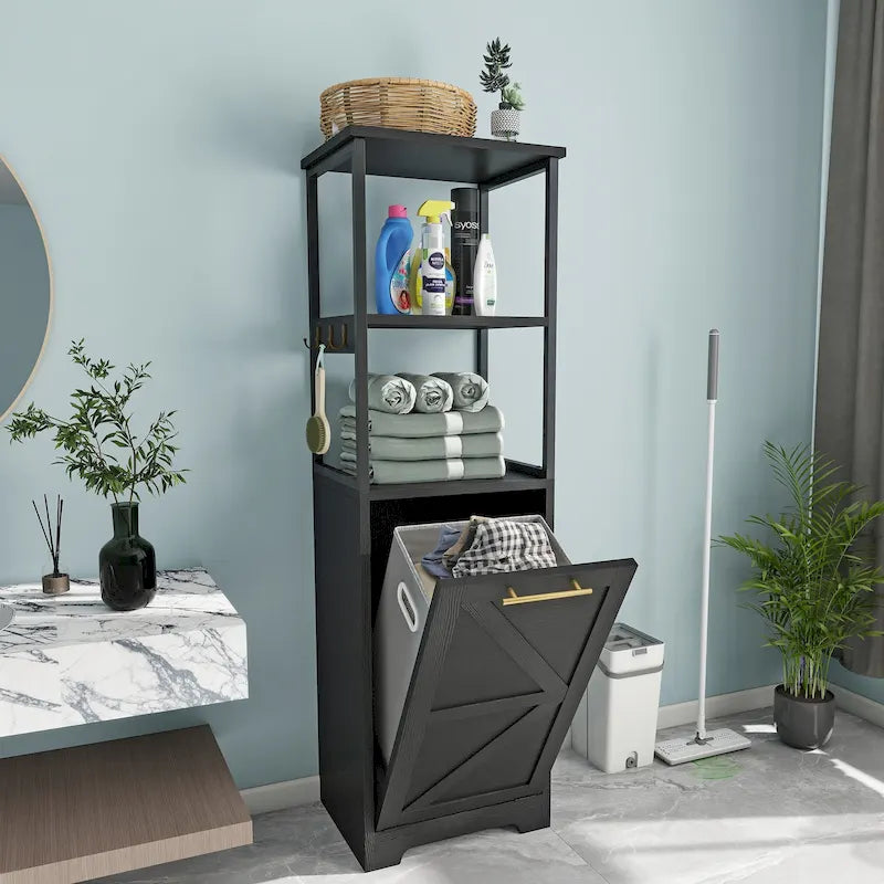 3 Tier Tilt Out Laundry Hamper Cabinet with Metal Hooks 15.7W x 53H in.