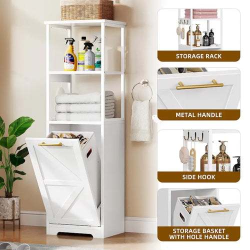 3 Tier Tilt Out Laundry Hamper Cabinet with Metal Hooks 15.7W x 53H in.