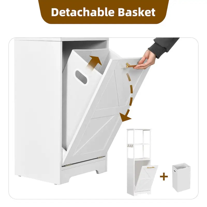 3 Tier Tilt Out Laundry Hamper Cabinet with Metal Hooks 15.7W x 53H in.