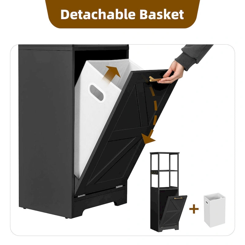 3 Tier Tilt Out Laundry Hamper Cabinet with Metal Hooks 15.7W x 53H in.