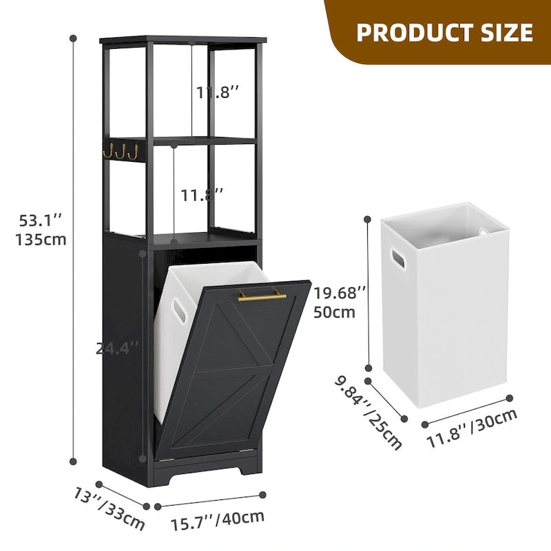 3 Tier Tilt Out Laundry Hamper Cabinet with Metal Hooks 15.7W x 53H in.