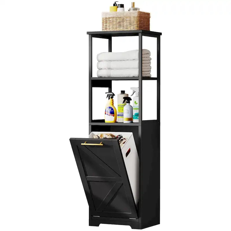 3 Tier Tilt Out Laundry Hamper Cabinet with Metal Hooks 15.7W x 53H in.