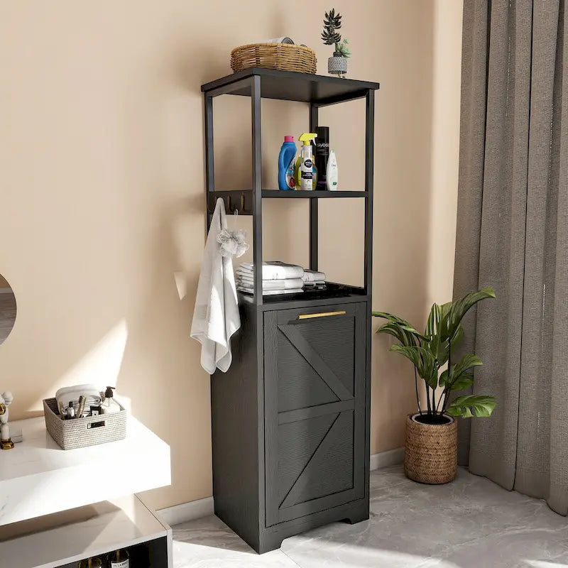 3 Tier Tilt Out Laundry Hamper Cabinet with Metal Hooks 15.7W x 53H in.
