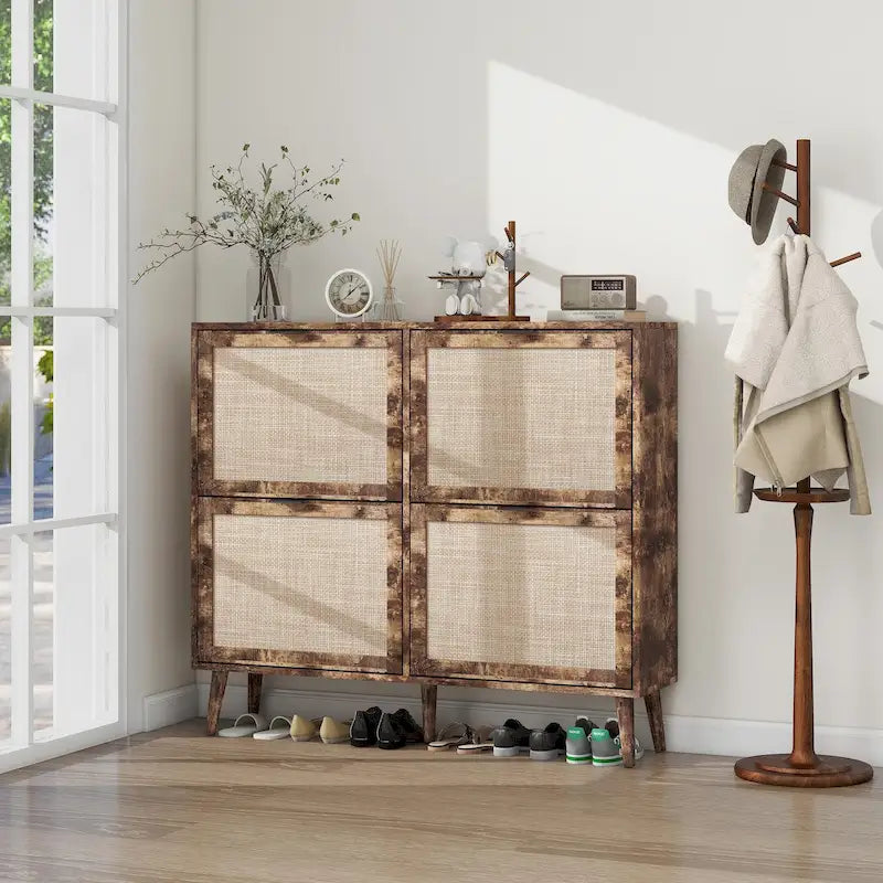 4 Door Freestanding Shoe Cabinet with Double Layer Storage for Entryway