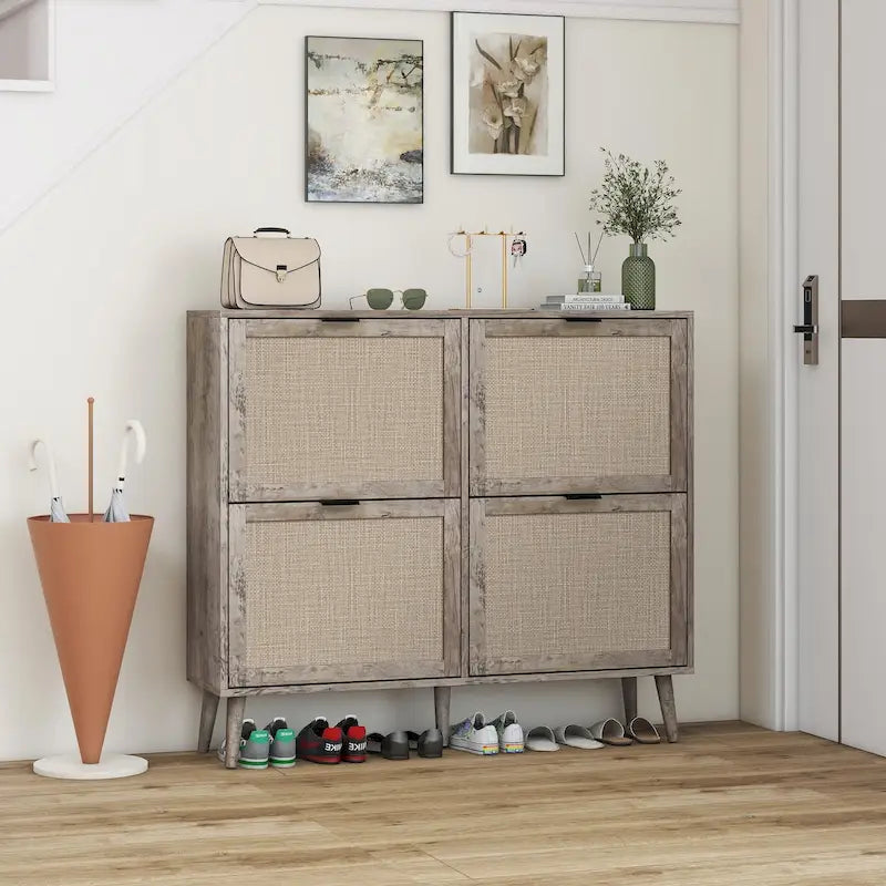 4 Door Freestanding Shoe Cabinet with Double Layer Storage for Entryway