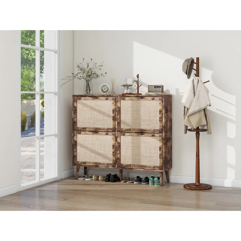 4 Door Freestanding Shoe Cabinet with Double Layer Storage for Entryway
