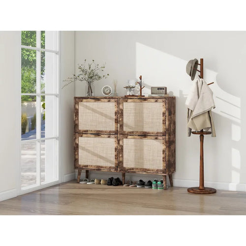 4 Door Freestanding Shoe Cabinet with Double Layer Storage for Entryway