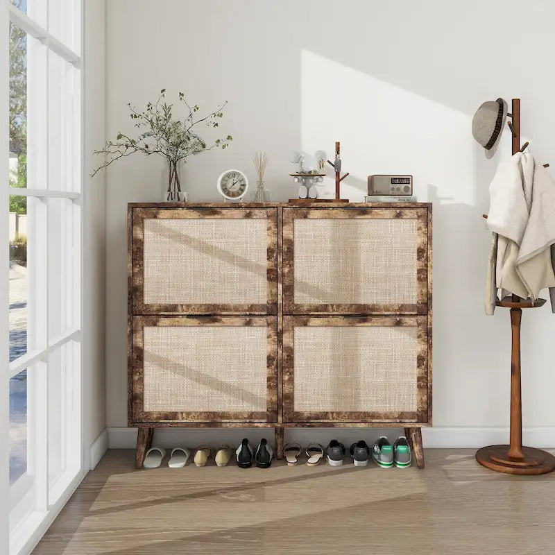 4 Door Freestanding Shoe Cabinet with Double Layer Storage for Entryway