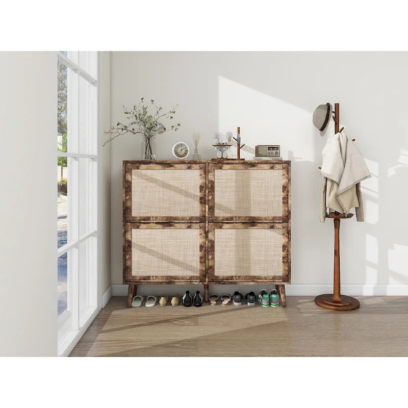 4 Door Freestanding Shoe Cabinet with Double Layer Storage for Entryway