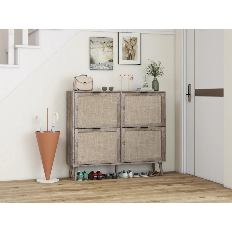4 Door Freestanding Shoe Cabinet with Double Layer Storage for Entryway