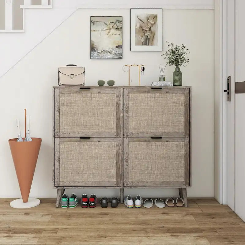4 Door Freestanding Shoe Cabinet with Double Layer Storage for Entryway