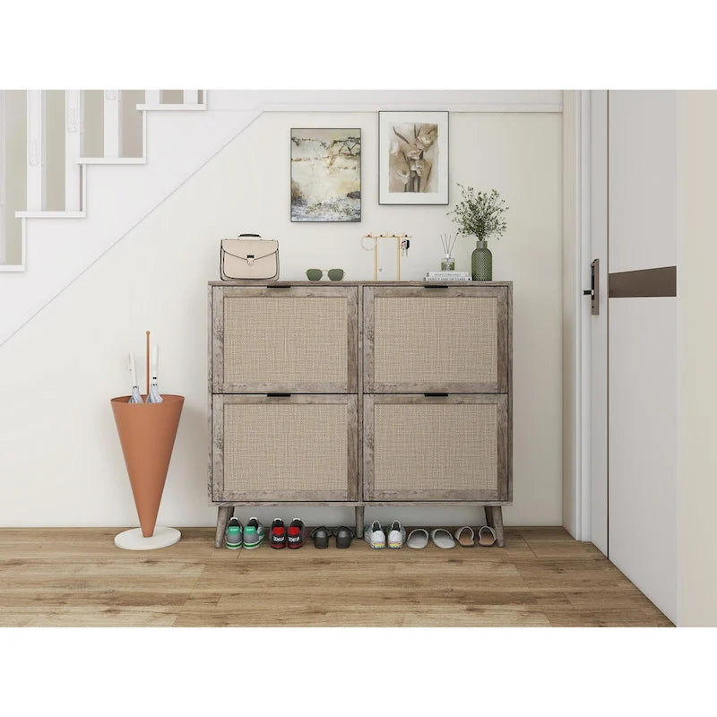 4 Door Freestanding Shoe Cabinet with Double Layer Storage for Entryway