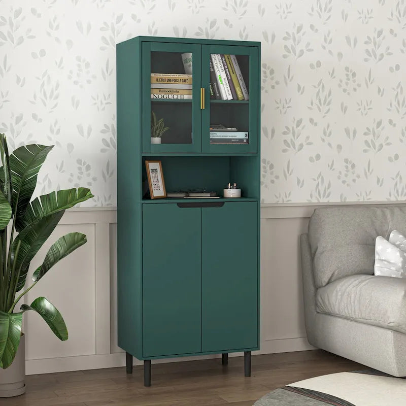 Tall Freestanding Storage Cabinet with Glass Doors Drawers and Anti-tip Device 63 in.