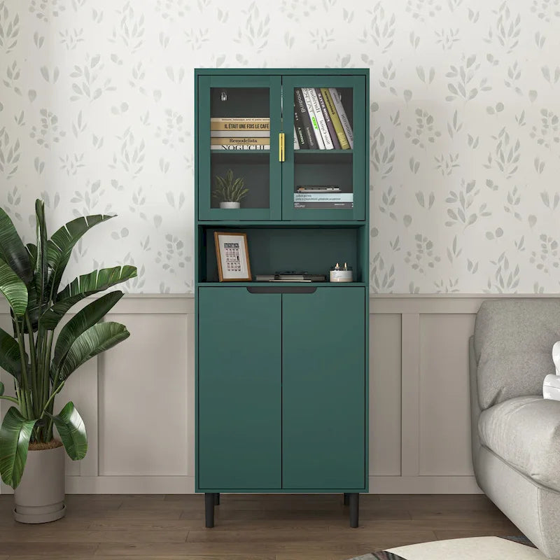 Tall Freestanding Storage Cabinet with Glass Doors Drawers and Anti-tip Device 63 in.