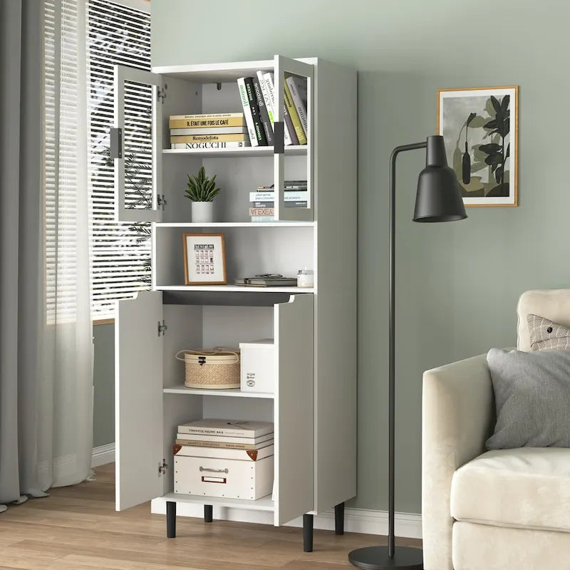 Tall Freestanding Storage Cabinet with Glass Doors Drawers and Anti-tip Device 63 in.