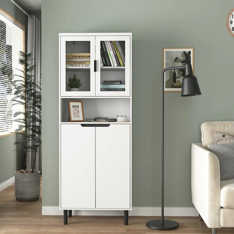Tall Freestanding Storage Cabinet with Glass Doors Drawers and Anti-tip Device 63 in.